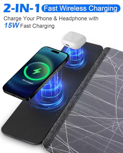 30"x15" XXL Wireless Charging Mouse Pad, Detachable 15W Qi Charger - color: Lines Art