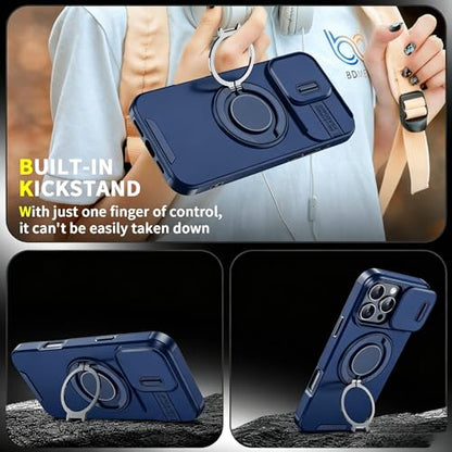 Rugged Shockproof Case for iPhone 17 Pro Max, Heavy Duty Protective Phone Case with Slide Camera Cover, 360° Rotatable Ring Stand & Magnetic Car Mount Compatible (Blue,iPhone 17 Pro Max) - color: Blue