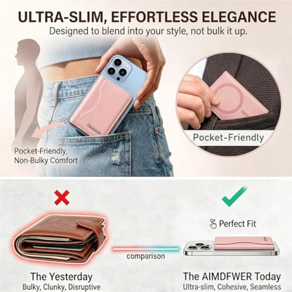 MagSafe Wallet Stand with ID Window, 7 Card Holder with RFID Blocking for MagSafe Phone and Case, Slim Leather Magnetic Wallet for iPhone 17e/17/16/15/14/13/12 Series(Pink) - color: Pink