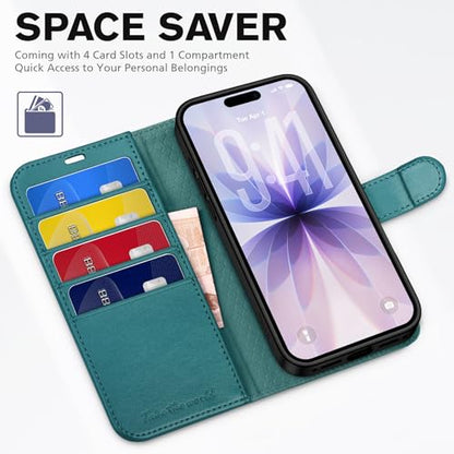 TUCCH Case Wallet for iPhone 17 (6.3"), RFID Blocking Folio, Bluish Green | 4 Card Holders, Kickstand, PU Leather, Magnetic Closure, Shockproof TPU Shell, Protective Flip Cover - color: Bluish Green