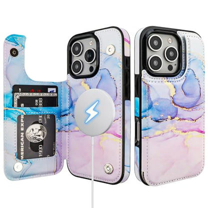 HAOPINSH for iPhone 16 Pro Case Wallet Compatible with MagSafe Wireless Charging, Pink Blue Marble Pattern Back Flip Folio PU Leather Kickstand Card Slots Case Double Magnetic Clasp Cover 6.3" - color: Pink Blue Marble for MagSafe