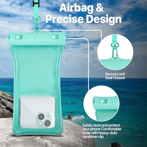 NEPHI IP68 Waterproof Phone Pouch 2 Pack-Up to 8.0"，Adjustable Neck Lanyard Floating Waterproof Phone Case for iPhone,Phone Dry Bags for Vacation Beach Pool Travel Essentials (Aqua Green 4 Pack) - color: Aqua Green 4 pack