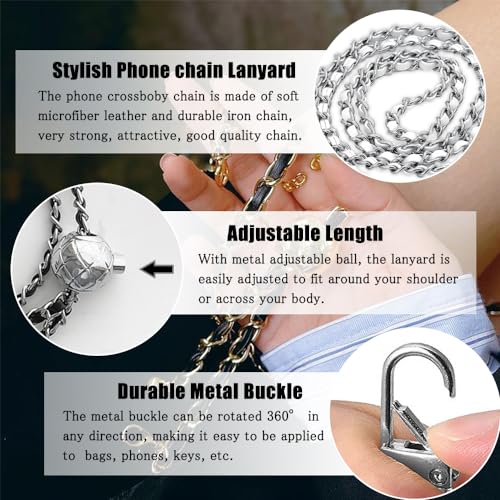 Cell Phone Lanyard Phone Crossbody Chain, Adjustable Cellphone Straps,Leather+Metal Shoulder Strap Chain with Phone Tether Patches Compatible with Most Phones Bag Purse - color: D
