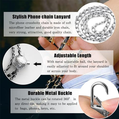 Cell Phone Lanyard Phone Crossbody Chain, Adjustable Cellphone Straps,Leather+Metal Shoulder Strap Chain with Phone Tether Patches Compatible with Most Phones Bag Purse - color: D
