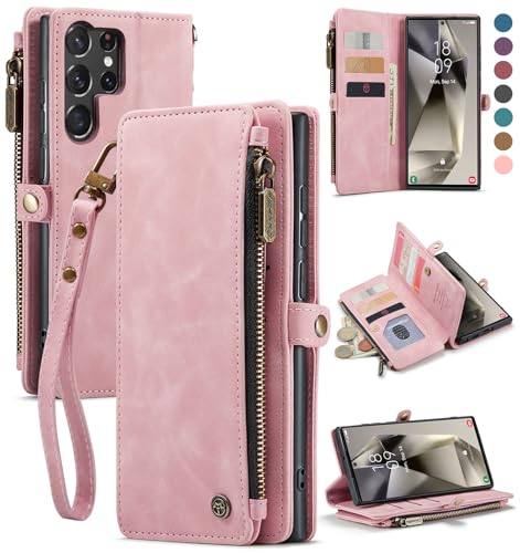 Defencase for Samsung Galaxy S23 Ultra Wallet Case with Card Holder, Pink | Durable PU Leather, with RFID Blocking Zipper Pocket, Wrist Strap, S23 Ultra Flip Phone Cases Cover with Stand for Women Men - color: Airy Rose Pink