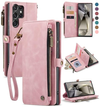 Defencase for Samsung Galaxy S23 Ultra Wallet Case with Card Holder, Pink | Durable PU Leather, with RFID Blocking Zipper Pocket, Wrist Strap, S23 Ultra Flip Phone Cases Cover with Stand for Women Men - color: Airy Rose Pink