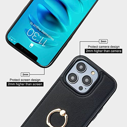 Folosu Compatible with iPhone 14 Pro Case Wallet with Card Holder, 360°Rotation Finger Ring Holder Kickstand, RFID Blocking Leather Protective Double Buttons Shockproof Cover 6.1 Inch Black - color: Black, size: iPhone 14 Pro