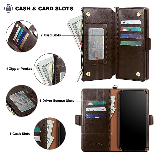 Antsturdy for iPhone 13 Pro Max Phone Wallet Case Women,Coffee | RFID Blocking,with Credit Card Holder Slots,PU Leather Purse,Zipper Pocket,Wrist Strap Kickstand,Flip Folio Cover for Men - color: A-Coffee