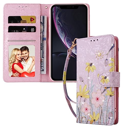 UEEBAI Wallet Case for iPhone 15, PU Leather Phone Cover Kickstand RFID Blocking Flip Case Card Slots Wrist Strap Relief Engraved Pattern Magnetic Closure Flower Folio Wallet, Sunflower - color: Sunflower, size: iPhone 15