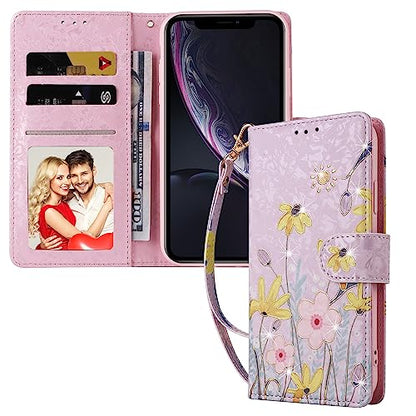 UEEBAI Wallet Case for iPhone 15, PU Leather Phone Cover Kickstand RFID Blocking Flip Case Card Slots Wrist Strap Relief Engraved Pattern Magnetic Closure Flower Folio Wallet, Sunflower - color: Sunflower, size: iPhone 15