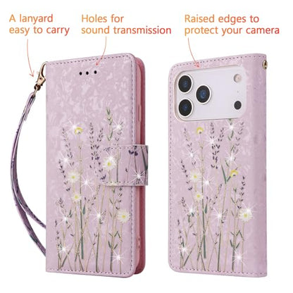 UEEBAI Wallet Case for iPhone 17 Pro, PU Leather Phone Cover Kickstand RFID Blocking Flip Case Card Slots Wrist Strap Relief Engraved Pattern Magnetic Closure Flower Folio Wallet, Lavender - color: Lavender, size: iPhone 17 Pro