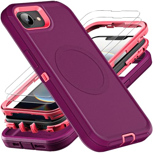 YKHJKLEC for iPhone 16e Case, Compatible with Magsafe, Military Grade 3 in 1 Heavy Duty Shockproof/Drop Proof/Dust Proof Case with 2Pcs Tempered Glass Screen Protector (New-Purple/Pink) - color: New-Purple/Pink