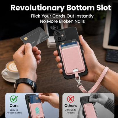 MagSafe Wallet with Wrist Strap, 3 Card Holder with RFID Blocking, MagSafe Sticker Included, Slim Magnetic Phone Wallet for iPhone 17e/17/16/15/14/13/12 Series and Selected Samsung Devices - color: Pink