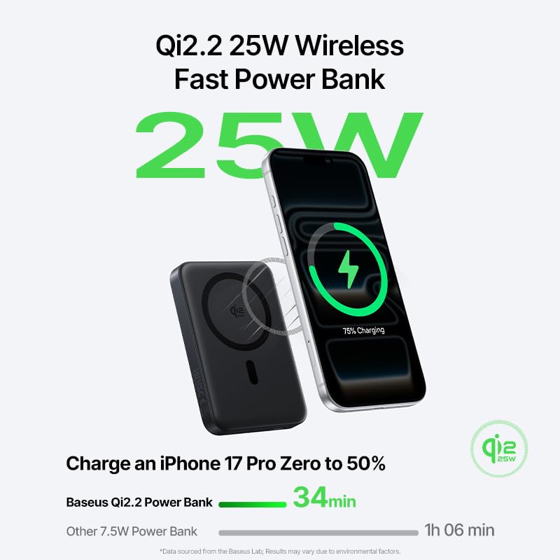 Baseus for MagSafe Portable Charger, Qi2.2 25W Wireless Magnetic Power Bank 10000mAh with USB-C Cable 45W PD Charging, Flight-Safe Travel Portable Battery Pack for iPhone 18/17/16/15/14/13/12 Only
