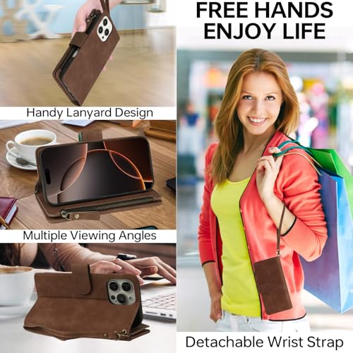RANYOK Compatible iPhone 16 Pro Max Wallet Case - PU Leather Wallet Case with Credit Card Holder RFID Blocking Zipper Pocket [Wrist Strap] Protective Case (Brown) - color: Brown, size: iPhone 16 Pro Max, 6.9"