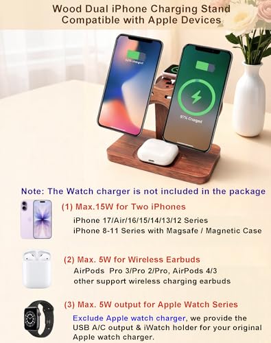 Compatible with Magsafe Dual Phone Charging Station for Apple Devices,Two Phone Wireless Charger for iPhone 17/16/15/14/13,AirPods & Apple Watch,Wood Charger Stand,Gift for Men Dad Boyfriend