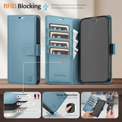 Shieldtop Compatible with MagSafe iPhone 17e / 16e Wallet Case,Light Blue | 2 in 1 Detachable Magnetic,Credit Card Holder Slots,RFID Blocking,PU Leather,Kickstand,Flip Folio Phone Cover for Men & Women - color: Light Blue