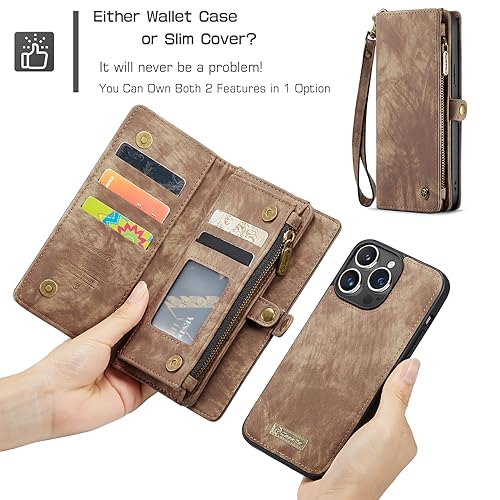 Compatible with iPhone 15 Pro Wallet Case with Magsafe,Coffee | Magnetic Detachable Case,Card Holder,Zipper Pocket,Strap Wristlet, Soft Leather Drop-Proof Phone Case for iPhone 15 Pro 6.1“ - color: Coffee, size: iPhone 15 Pro 6.1"