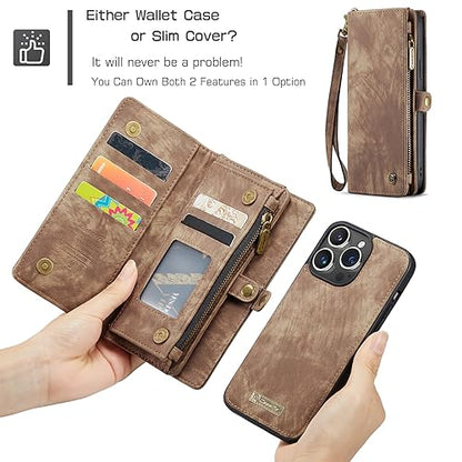 Compatible with iPhone 15 Pro Wallet Case with Magsafe,Coffee | Magnetic Detachable Case,Card Holder,Zipper Pocket,Strap Wristlet, Soft Leather Drop-Proof Phone Case for iPhone 15 Pro 6.1“ - color: Coffee, size: iPhone 15 Pro 6.1"