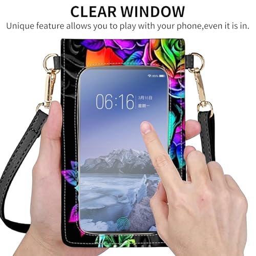 for Women Cell Phone Purse,with Touchscreen Cell Phone Purse,PU Leather Shoulder Bag Waterproof Phone Wallet Case with Clear Touch Screen Window up to 6.7 inch Smartphone, - color: Colorful Skull Rose Flower