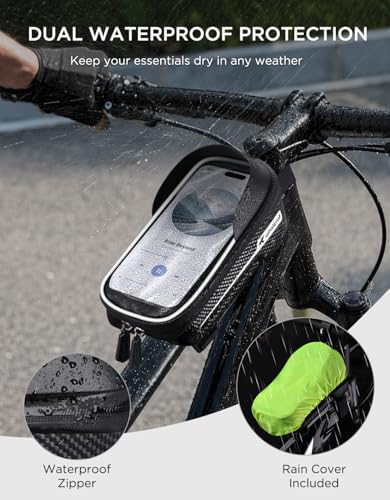 whale fall Bike Frame Bag, Molded Hard Shell, Reflective Bike Phone Holder | Waterproof Top Tube Bag with TPU Touchscreen, Fits Phones up to 7", Includes Rain Cover for Commuting and Night Riding - color: Black - Reflective Strip