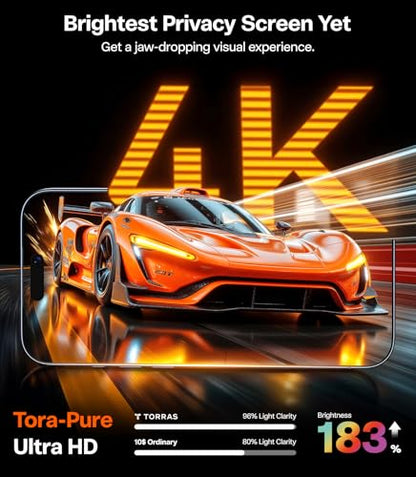 TORRAS Uncrackable 9H+ for iPhone 17 Pro Max Privacy Screen Protector [ 12FT Military-Grade Anti Shatter] [Top 25° Anti Spy, Data Protection] Full Coverage Tempered Glass, 2-Pack 6.9" - size: 17 Pro Max(6.9 inch)