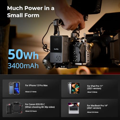 SMALLRIG V Mount Battery VB50, 50Wh / 3400mAh PD45W Mini V-Mount Battery | 1.5H Full Charge, with USB-C, D-TAP, USB-A, Dual DC Ports, OLED Screen, for Cameras, Phones, Camcorders, Monitors