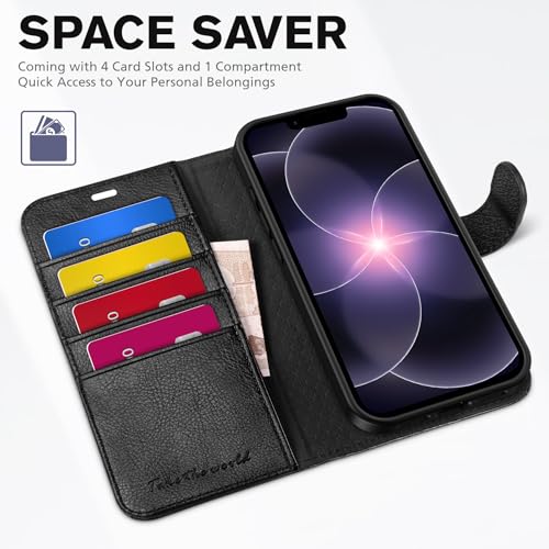 TUCCH Case Wallet for iPhone 17e/16e (6.1"), Flip Stand, Textured Black | 4 Card Holders, Kickstand, PU Leather, Magnetic Closure, Shockproof TPU Shell, Protective Flip Cover - color: Black - Textured