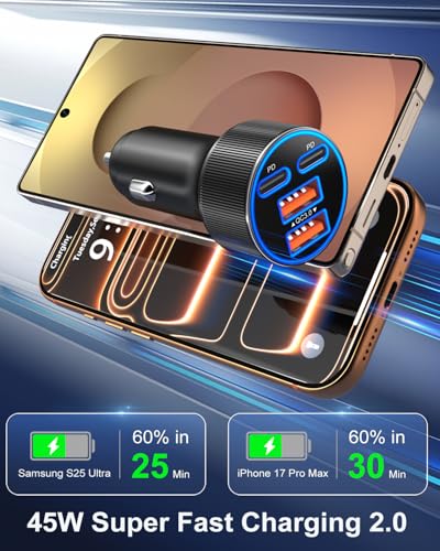 USB C Car Charger, 3 Pack 90W 4-Port Dual 45W Super Fast Car Phone Charger - color: Black