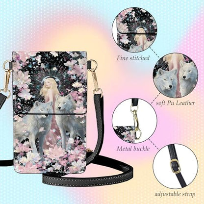 Small Crossbody Bags for Women Touchscreen Cell Phone Bag Cross Body Purses with adjustable Strap,Gifts For Teenage Girls - color: Fantasy Halo Goddess and Wolf