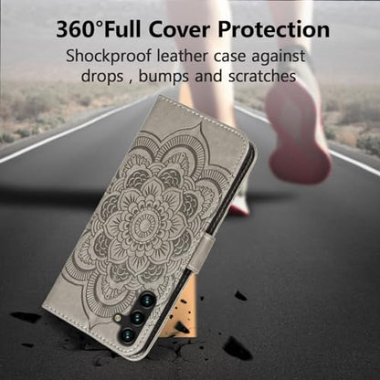 EYZUTAK Case for Samsung Galaxy A17 5G/A26 5G, Premium Leather Magnetic Closure Flip Wallet Phone Case with Card Holder Cash Slots Kickstand Embossed Mandala Flower Shockproof Lanyard Cover - Gray - color: Gray, size: Samsung Galaxy A17 5G/A26 5G