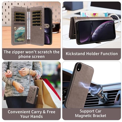 Asuwish Phone Case for iPhone XR 6.1 Zipper Wallet Magnetic Cell Cover with Tempered Glass Screen Protector Strap Flower Card Holder iPhoneXR iPhone10R i Phonex 10XR 10R RX CR iPhoneXRcases Women Gray - color: Gray