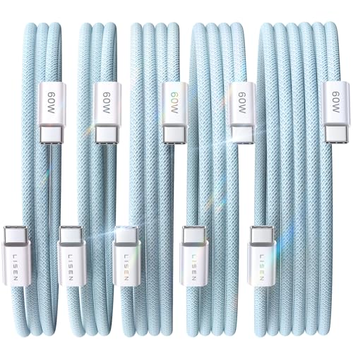 LISEN USB C Cable, 5-Pack [3.3/3.3/6.6/6.6/10FT] Blue for iPhone 17 Charger Cord, 60W C to C Cable Fast Charging for iPad, iPhone 17 Air 16 15 Pro Max, Samsung Z Flip 7/S25/S24 - color: Blue, size: 3.3+3.3+6.6+6.6+10FT