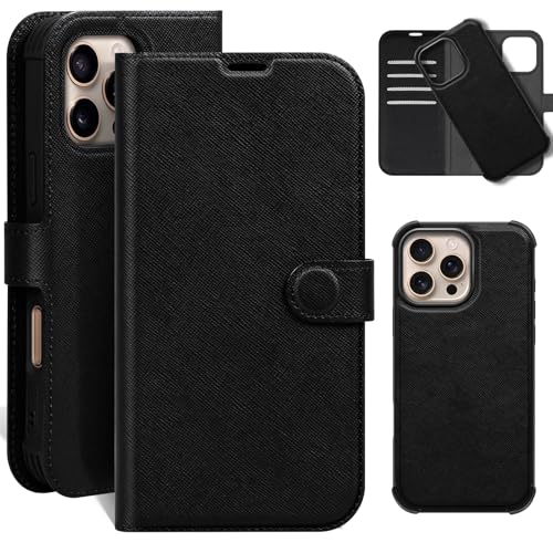 Leather Case Compatible with iPhone 16 Pro Max Wallet 6.9" Black | Genuine Leather 2-in-1 Magnetic Detachable Shockproof,Flip Folio Cover with Card Slot,Wireless Charging RFID Blocking - color: Black, size: 16 Pro Max