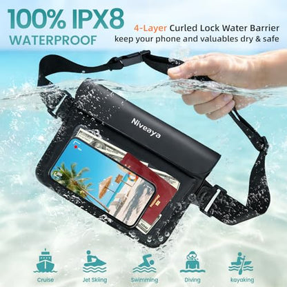 Niveaya 2 Pack Waterproof Fanny Pack for Women Men, IPX8 Waterproof Pouch Dry Belt Bag for Beach, Kayaking, Swimming, Double Space Touchscreen & Photography,Boat Travel Essentials - color: Black+Black