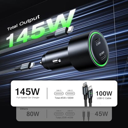 145W USB C Car Charger Charges Two Devices with 100W and 45W Outputs