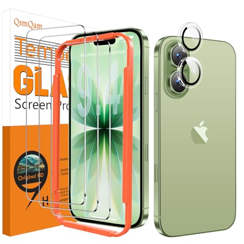 QsmQam 3 Pack Screen Protector for iPhone 17 6.3 Inch + 1 Pack Individual Camera Lens Protector, Ultra HD Tempered Glass, Military Grade Shatterproof, Case Friendly [with Installation Frame] - size: iPhone 17