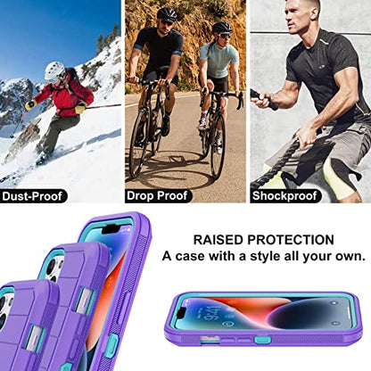for iPhone 14 Case with 2 Screen Protector,Full Body Shockproof Drop Protection Dust Proof Heavy Duty 3 Layer Rugged Durable Military Grade Cover for Apple iPhone 14 6.1" (Purple/light green) - color: Purple/light green II