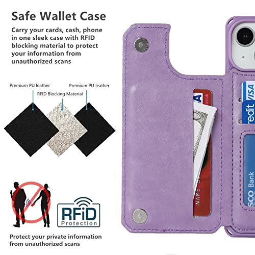 iCoverCase Compatible with iPhone 14 Wallet Phone Case with Card Holder for Women, RFID Blocking Embossed PU Leather Wrist Strap Case 6.1 Inch (Macaron Purple) - color: P-Purple