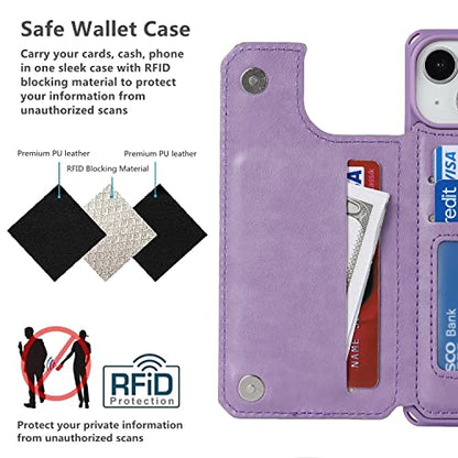 iCoverCase Compatible with iPhone 14 Wallet Phone Case with Card Holder for Women, RFID Blocking Embossed PU Leather Wrist Strap Case 6.1 Inch (Macaron Purple) - color: P-Purple