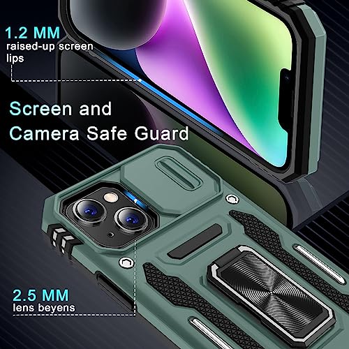 DEERLAMN Case for iPhone 13/iPhone 14 6.1-Inch with Slide Camera Cover+Screen Protector(2 Packs),Rotated Ring Kickstand Military Grade Shockproof Protective Cover-Green - color: Green