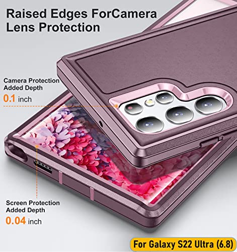 Case is Specially Designed for Galaxy S22 Ultra 6.8 Inch, Full Body Protection Heavy Duty Shock Absorbing 3 in 1 Silicone Rubber Built-in Stand with 1 Tempered Screen Protectors-Wine/Pink - color: Wine/Pink