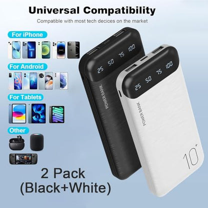 Power Bank 10000mAh Portable Charger Slim Battery Pack with 2 USB 2.4A Outputs and USB C In/Out Compatible with Huawei iPhone 16 15 14 13 12 iPad Samsung Galaxy S20 Android Tablet (Black + White) - color: Black + White
