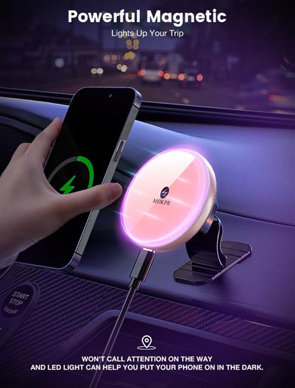 for Magsafe Car Mount Charger 15W LED RGB Car Phone Holder for Dash Vent - color: Pink