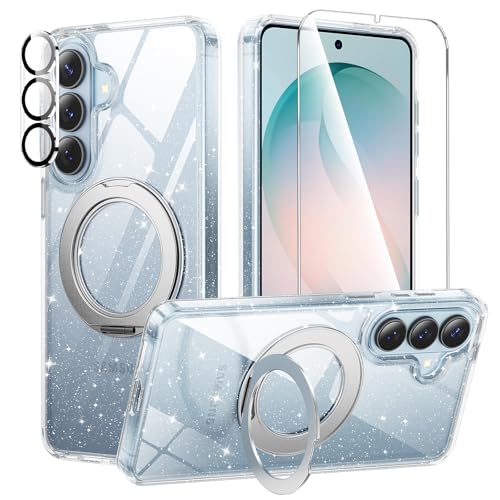 360°Ring Stand for Samsung Galaxy S26 Plus Case with 1X Screen Protector +1X Camera Cover,Fit for MagSafe, Anti-Yellowing & Scratch-Resistant Back Phone Case for S26 Plus 6.7", Clear Glitter Stand - color: Clear Glitter Stand, size: for S26 Plus