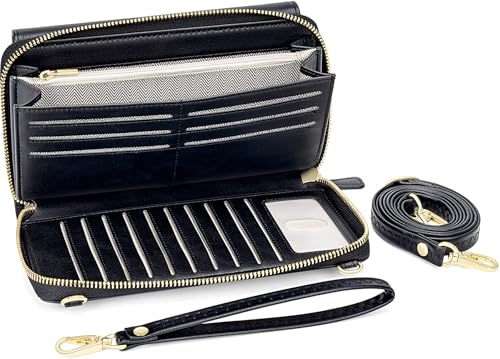 Peacocktion Womens Crossbody Wristlet Wallets with Cell Phone Pocket RFID Vegan Leather Cross Body Purses Travel - color: 01-black