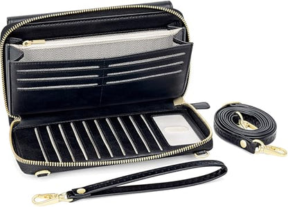 Peacocktion Womens Crossbody Wristlet Wallets with Cell Phone Pocket RFID Vegan Leather Cross Body Purses Travel - color: 01-black