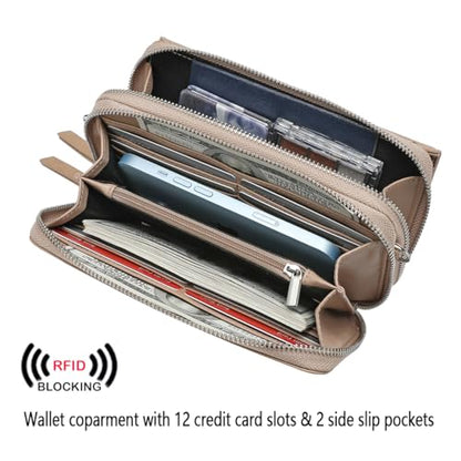 RFID Crossbody Wallet Wristlet Purse with Phone Pocket For Women Vegan Leather - color: Beige