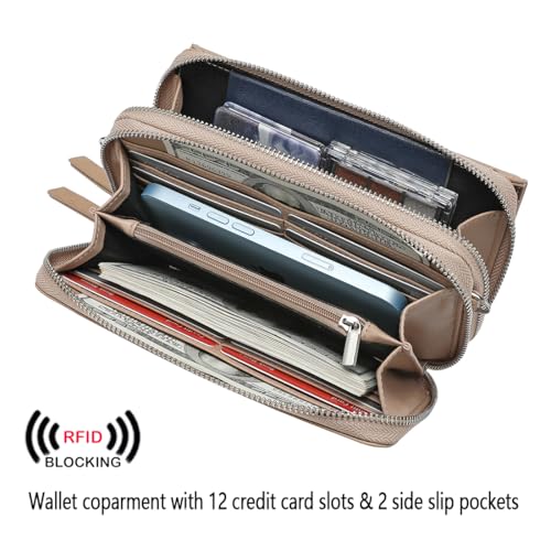 RFID Crossbody Wallet Wristlet Purse with Phone Pocket For Women Vegan Leather - color: Beige