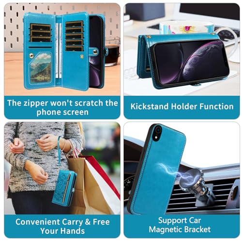 Asuwish Phone Case for iPhone XR 6.1 Zipper Wallet Magnetic Cell Cover with Tempered Glass Screen Protector Strap Flower Card Holder iPhoneXR iPhone10R i Phonex 10XR 10R RX CR iPhoneXRcases Women Blue - color: Blue